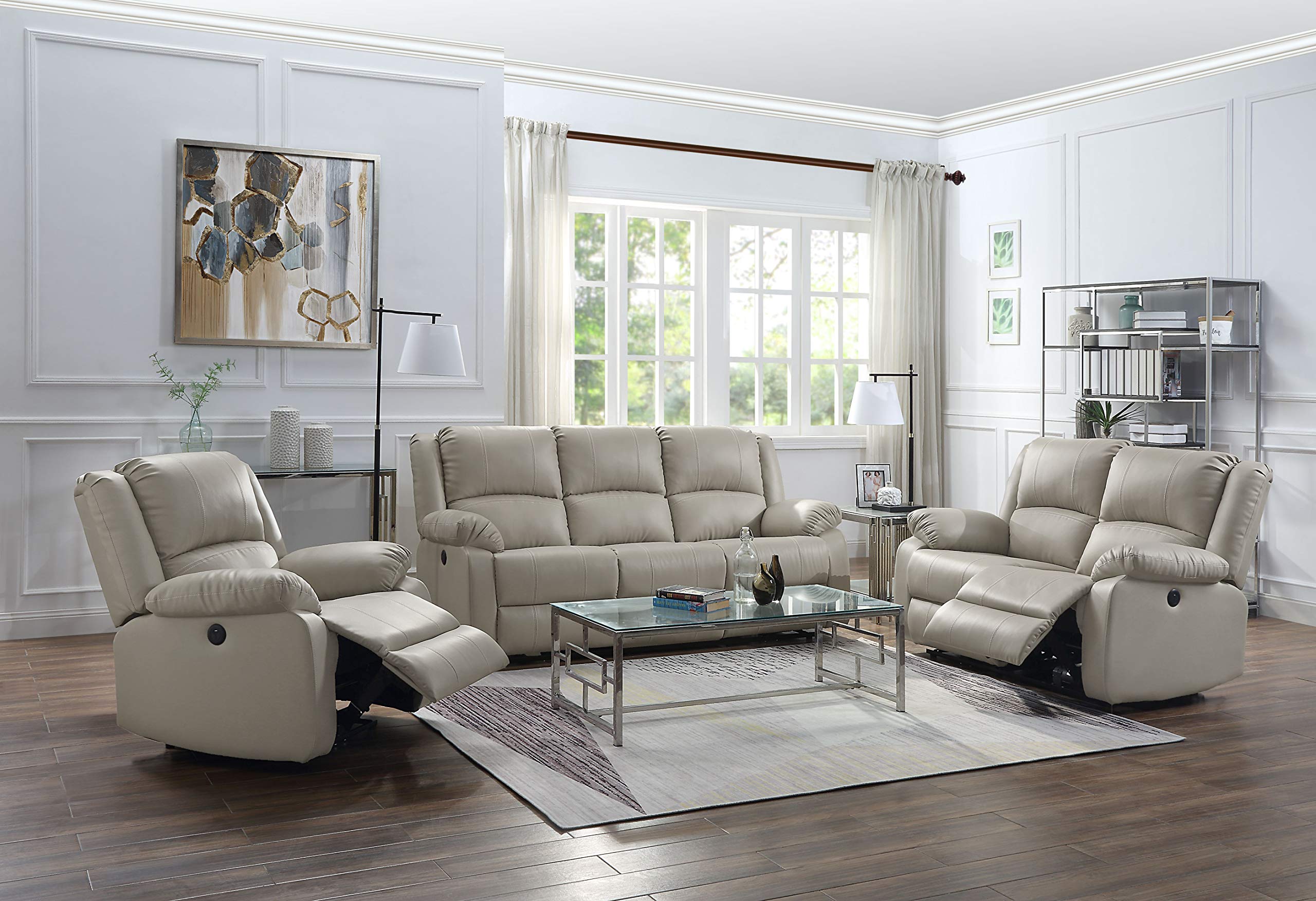 Acme Zuriel Faux Leather Upholstered Power Motion Reclining Sofa in Beige